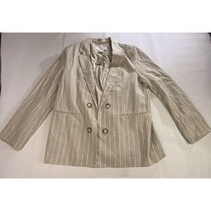 Halston Linen Blend Pinstripe Blazer Womens L Beige Double Breasted Career Core